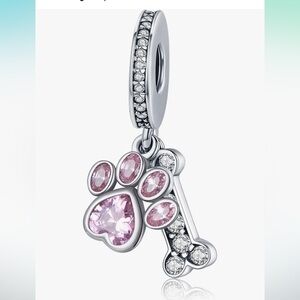 Pink Crystal puppy paw and silver bone sterling silver charm fits all Pandora